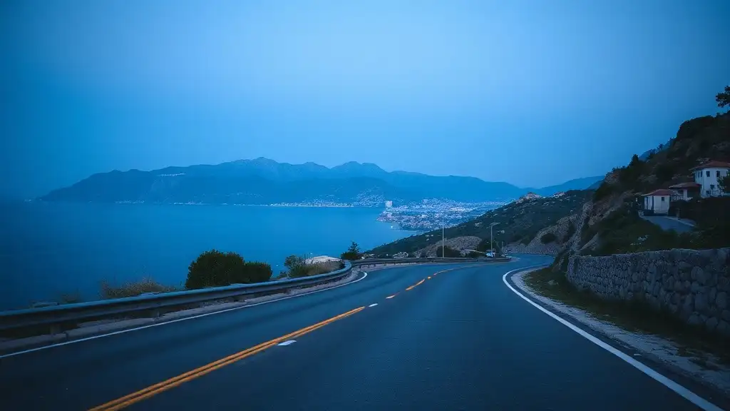 Black Sea coastal road overview with Bulgarian mountains in distance
