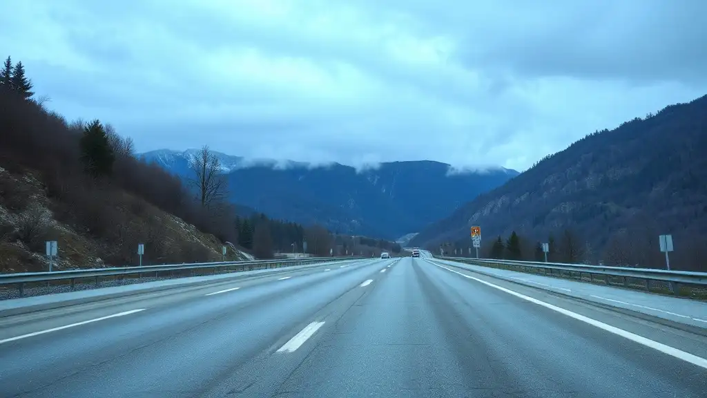 Bulgarian highway with mountain backdrop, asphalt lane lines