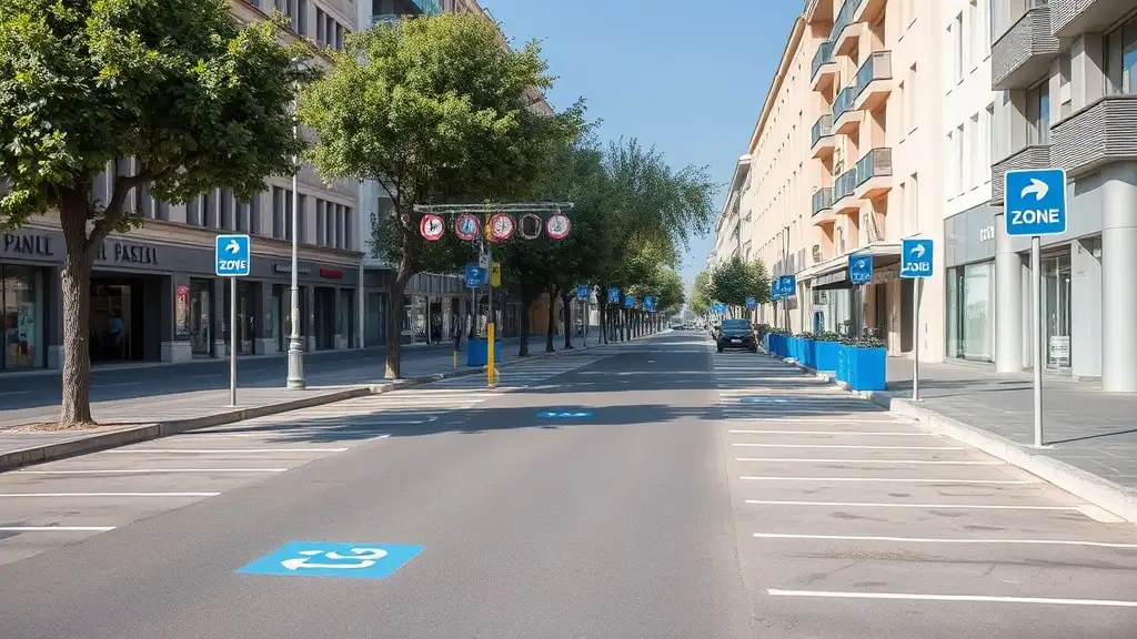 Burgas city center street with Blue Zone parking spaces