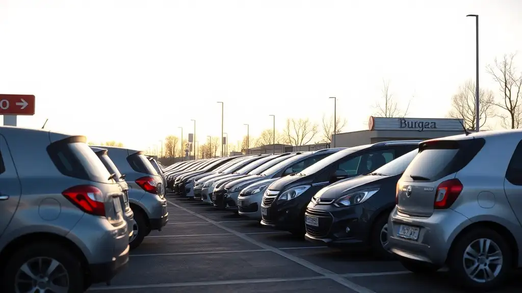 Compact rental cars lineup at Burgas in evening warm light