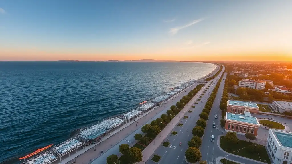 Burgas Sea Garden waterfront promenade aerial view, Black Sea coast