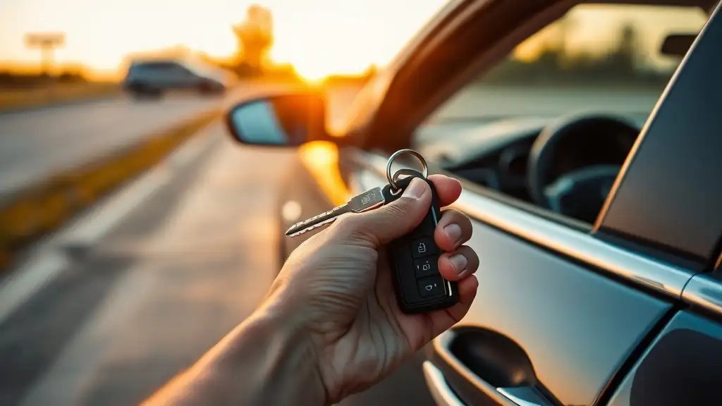 Hand holding rental car keys near vehicle door at golden hour