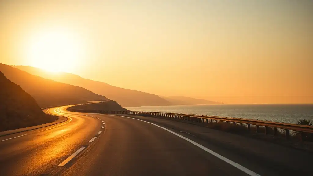 Black Sea coastal road heading south toward Turkish border at golden hour