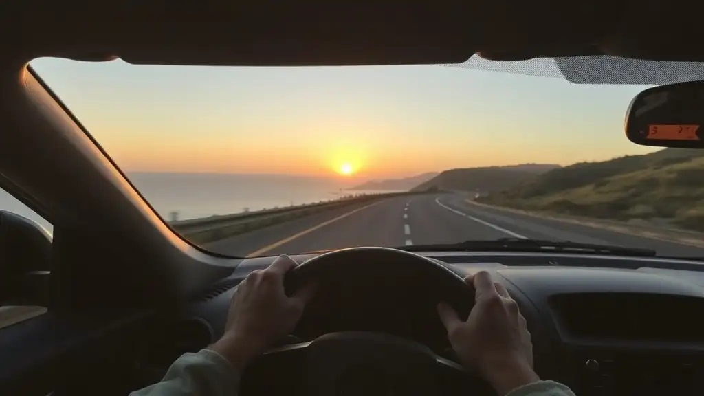 Driver hand on steering wheel with sunset coastal road through windshield