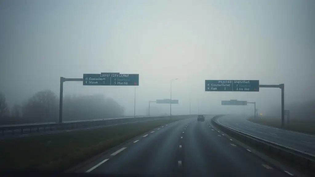 European motorway with directional gantries at dawn mist