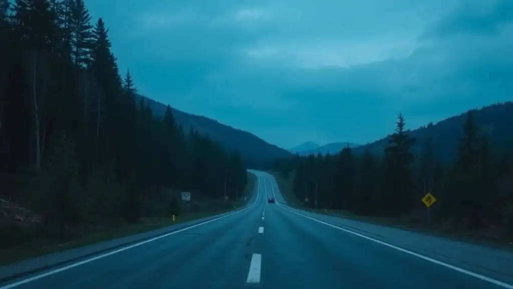 Border highway through forested Strandzha mountains at blue hour